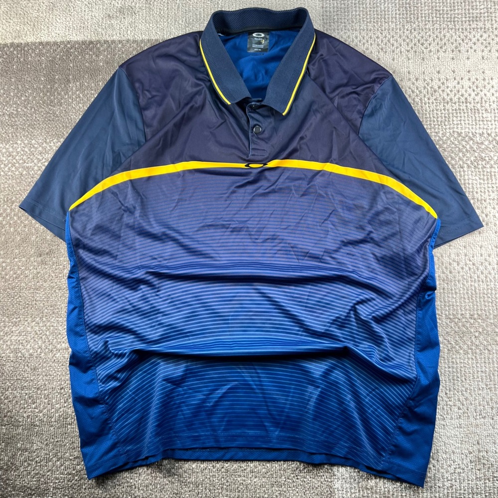 Oakley Mens XL Regular Fit Short Sleeve Polo Shirt Blue Yellow Center Logo